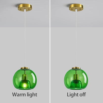 Green Glass Pendant Lights Kitchen Island Gold Hanging Light Fixture Glass Globe Pendant Light Modern Pendant Lighting for Kitchen Island Bedroom Dining Room (7.87", 2 Pack)