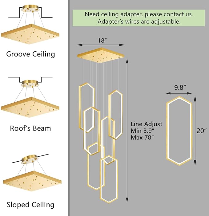 6 Rings Modern Chandelier LED Dimmable Pendant Lighting Adjust Flush Mount Ceiling Light for Foyer Lobby Living Room Staircaes Gold