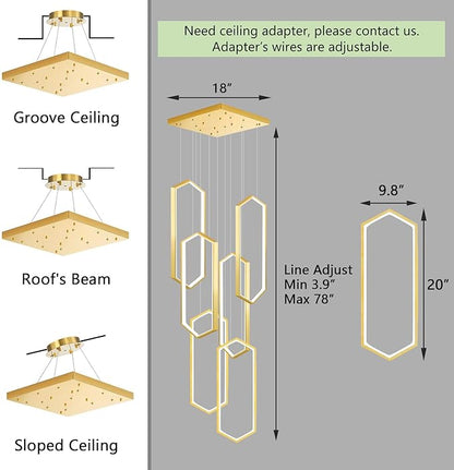 6 Rings Modern Chandelier LED Dimmable Pendant Lighting Adjust Flush Mount Ceiling Light for Foyer Lobby Living Room Staircaes Gold