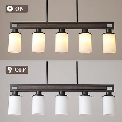 Farmhouse Dining Room Light Fixture, 5-Light Wood Kitchen Island Lighting for Dining Room Over Table, Black Adjustable Pendant Light with Milk Glass Shades, Linear Chandeliers Lighting for Kitchen