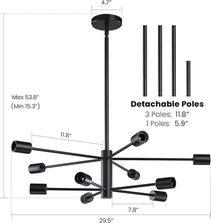 RUIYEY Modern Sputnik Chandeliers Light, 10-Light Black Chandeliers for Dining Room, E26 Height Adjustable Chandelier Ceiling Lighting Fixture for Farmhouse Kitchen Island Living Room Foyer