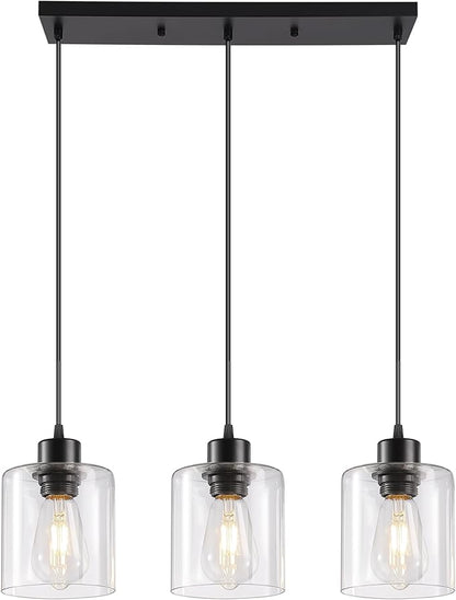 3-Light Pendant Light Fixtures with Clear Glass, Black Hanging Light Fixture for Ceiling, Adjustable Kitchen Island Light for Dinning Room, Bedroom,Hallway, E26 Base, Bulbs Not Included