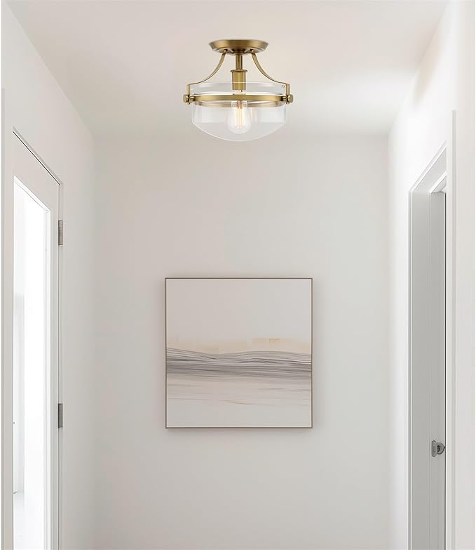Kira Home Zurich 12" Modern Industrial Gold Semi-Flush Mount Ceiling Light with Clear Glass Schoolhouse Bowl Shade, Warm Brass Finish
