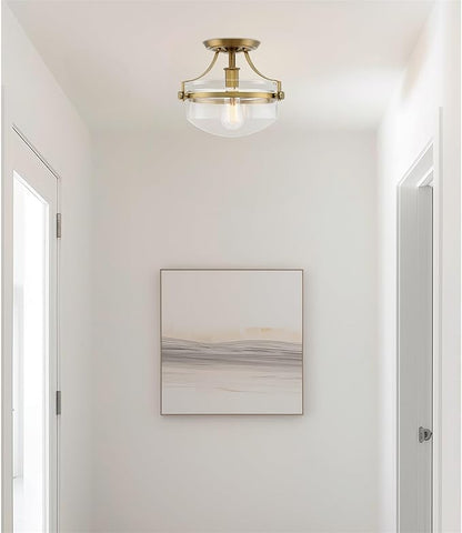 Kira Home Zurich 12" Modern Industrial Gold Semi-Flush Mount Ceiling Light with Clear Glass Schoolhouse Bowl Shade, Warm Brass Finish