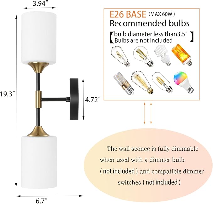 BYOLIIMA Industrial Mid Century Wall Sconce 2-Lights with White Cylinder Glass Shades Modern Bathroom Vanity Wall Lamp Matte Black and Gold Brushed Brass Finished Wall Light Fixture