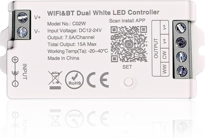 C02W CCT LED Controller, Tuya WiFi 2.4G RF, 3Pin PWM Dual White Dimmer for LED Strip, APP & Voice Control, Compatible with Alexa Google Home, Compatible with WR02RF RC02RFB Remote