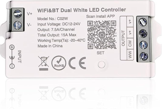 C02W CCT LED Controller, Tuya WiFi 2.4G RF, 3Pin PWM Dual White Dimmer for LED Strip, APP & Voice Control, Compatible with Alexa Google Home, Compatible with WR02RF RC02RFB Remote