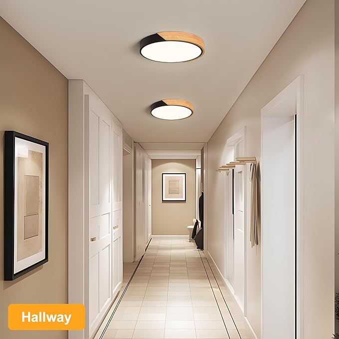 Modern LED Ceiling Light, Minimalist Wood Flush Mount Ceiling Light Fixture, 4000K Not Dimmable, Circle Lighting Lamp with Acrylic Lampshade for Bedroom Laundry Room Hallway (Black,11.8")