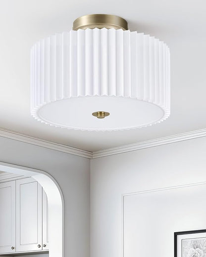 VONLUCE 12.2" Semi Flush Mount Ceiling Light, 2-Light Modern Ceiling Lights with Pleated White Shade, E26 Bulb Compatible, Ideal Light for Bedroom, Living Room, Nursery, Hallway, Bronze Finish