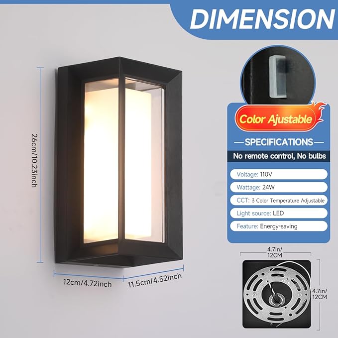 24W Modern LED Wall Sconces, ETL Certified, 3000K/4000/6500K Color Adjustable, 10-100% Dimmable Outdoor Wall Lights, 2160LM IP65 Waterproof Exterior Lighting Fixtures for Porch, Patio