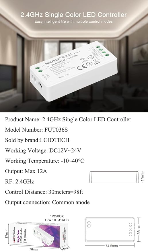 LGIDTECH FUT036S Single Color LED Strip Light Controller,Input DC 12-24V,Output Max 12A