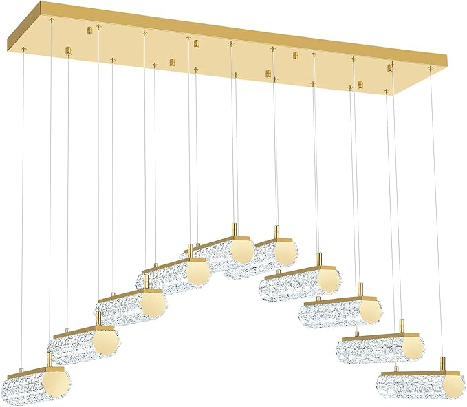 Crystal Kitchen Chandeliers Over Table,Rectangular Crystal Chandelier for Living Room Modern Linear Chandelier for Dining Room Dimmable Gold 10 Lights