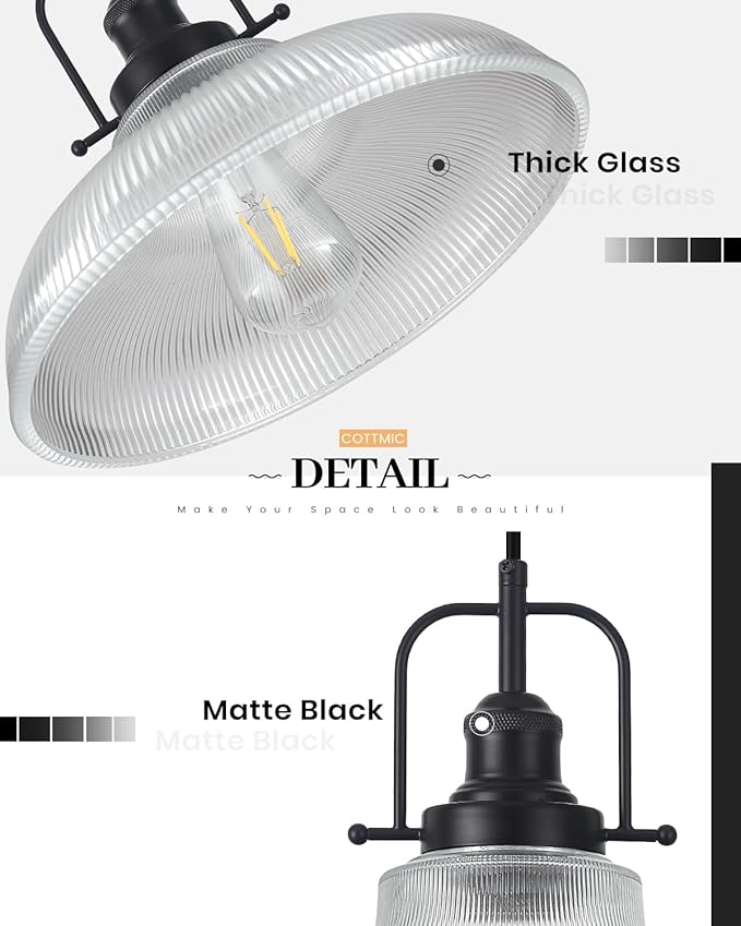 Black Glass Pendant Lights Kitchen Island 3 Pack, 12-inch Ribbed Glass Kitchen Pendant Lights, Farmhouse Pendant Lighting Over Island, Sink, Bar, Vintage Pendant Light for Dining Room