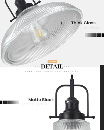 Black Glass Pendant Lights Kitchen Island 2 Pack, 12-inch Ribbed Glass Kitchen Pendant Lights, Farmhouse Pendant Lighting Over Island, Sink, Bar, Vintage Pendant Light for Dining Room