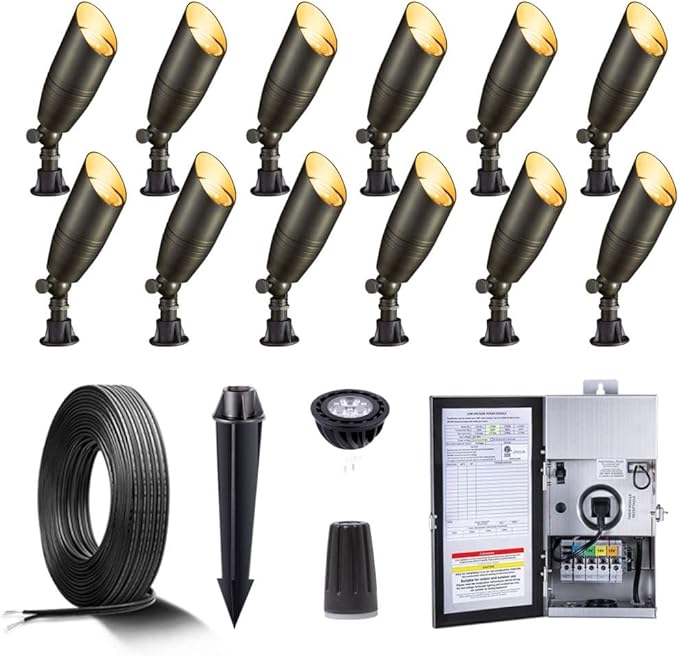 Gardenreet Solid Brass 12V LED Landscape Lighting Kit (12 Pack Spotlights) with 300W Low Voltage Transformer and Mechanical Timer and 250 Feet Wire and 50Pack Connectors for Outdoor Garden Patio