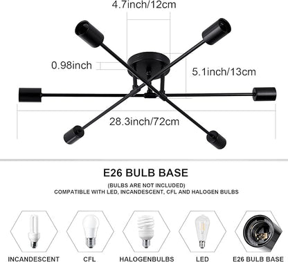 6-Light Sputnik Chandeliers, Black Modern Semi Flush Mount Ceiling Light with E26 Base, Mid Century Industrial Vintage Kitchen Farmhouse Light Fixtures for Dining Room Bedroom Living Room