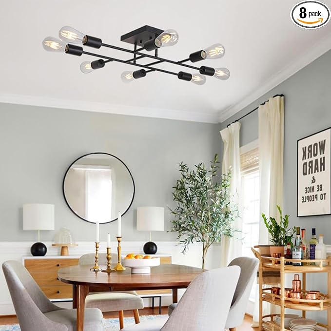 Modern Ceiling Light Semi Flush Mount Light Fixture Mid Century Black Sputnik Chandeliers with 8 Lights Kitchen Light Ceiling for Bedroom Dining Room Living Room Lighting