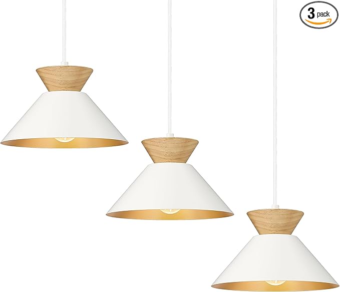 ELYONA 3 Pack Modern Pendant Light Fixtures Solid Wood Ceiling Hanging Lamp Matte White Metal & Gold Inner Finish Nordic Pendant Light for Farmhouse Kitchen Island Dining Room Bedroom Living Room