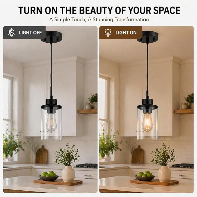 Modern Black Farmhouse Clear Glass Cylinder Pendant Light Fixture, Single Hanging Pendant Lighting for Kitchen Island, Dining Room, Foyer & Hallway(2 Packs)