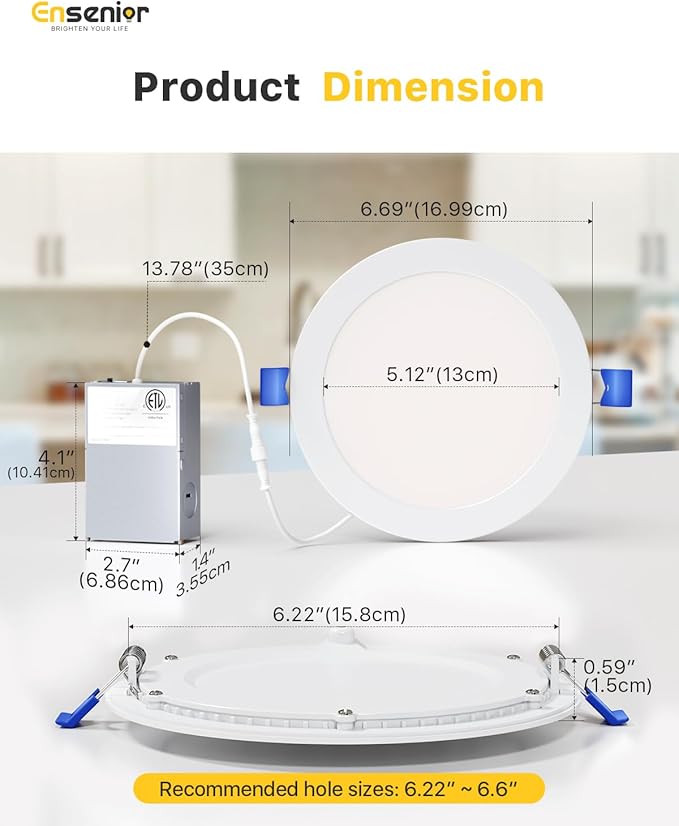 Ensenior 12 Pack 6 Inch LED Recessed Ceiling Light, Dimmable, 2700K-5000K 6CCT, 1050LM 12W 120V, High Brightness Canless Wafer Downlight - ETL&FCC&IC