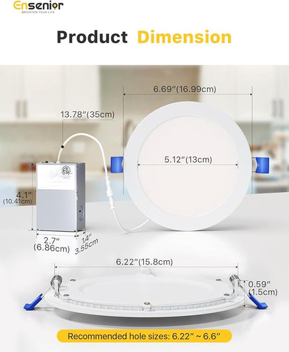 Ensenior 12 Pack 6 Inch LED Recessed Ceiling Light, Dimmable, 2700K-5000K 6CCT, 1050LM 12W 120V, High Brightness Canless Wafer Downlight - ETL&FCC&IC