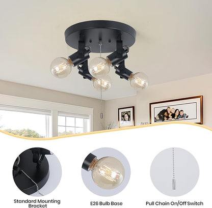 4 Light Flush Mount Ceiling Light with Pull Chain, Industrial Kitchen Ceiling Light with Rotatable Light Head,Black Pull Chain Ceiling Spotlight for Bedroom Hallway Kitchen Laundry