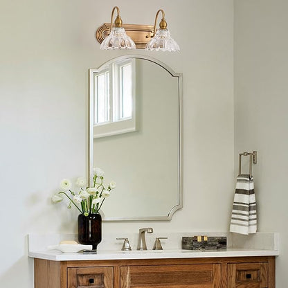 Vintage 2-Light Bathroom Vanity Light Wall Sconce Gold Wall Light Made of Metal Body and Pressed Patterned Glass Retro Vanity Light for Bedroom, Bathroom, Farmhouse, Hallway