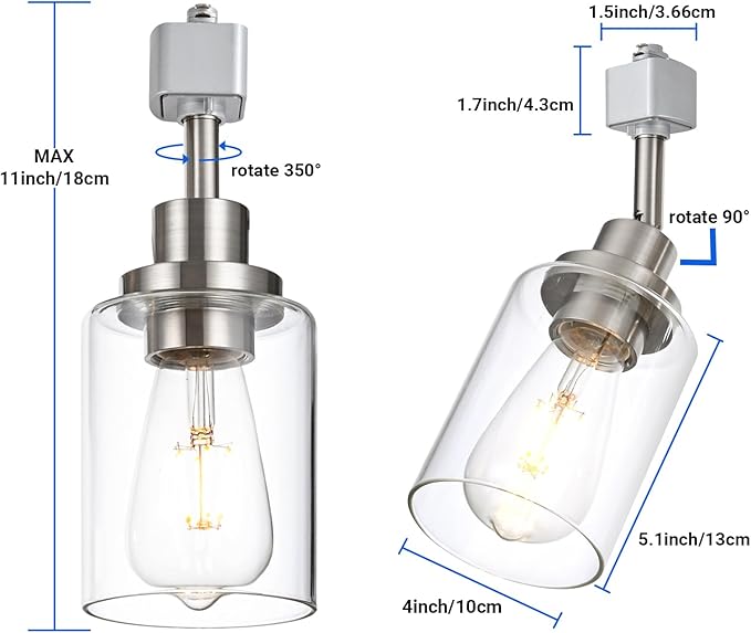 4 Pack H Track Lighting Replacement Heads Brushed Nickel Ceiling Track Lighting Fixtures with Clear Glass Shades, H Type Track Light Heads E26 Base Spotlight for Retail Shop Kitchen Island