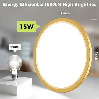 hepside 2Pack LED Flush Mount Ceiling Light Fixture Golden, 7Inch 15W, Dimmable&3000K-6500K Adjustable Low Profile Ceiling Lights, 1500LM Round Lamp for Bathroom, Bedroom, Closet, Kitchen, Hallway
