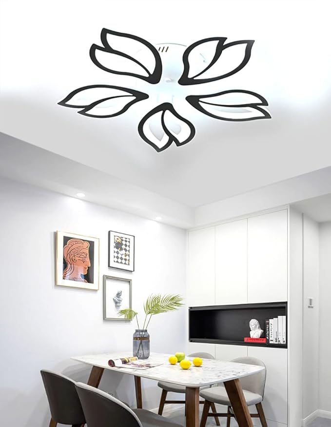 Led Modern Ceiling Light Flush Mount Black 5-Leaf Lights Ceiling Lamp Dimmable with Remote Chandelier 25.59in for Bedroom Living Room Kitchen Dining Room Office