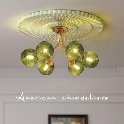 Green Glass Flush Mount Ceiling Lights Fixture 6-Light Gold Mid Century Modern Chandelier Green Hand Blown Glass Chandelier Vintage Pendant Light for Bedroom Living Dining Room