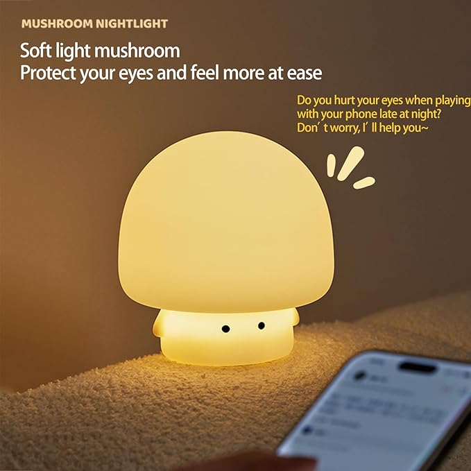 YEEFIGRO Cute Baby Night Light for Kids,Rechargeable Dimmable Silicone Nursery Toddler Mushroom Nightlight,Squishy Bedside Lamp for Night Stands,Fun Decor for Children,Mother's Day Gift(White)
