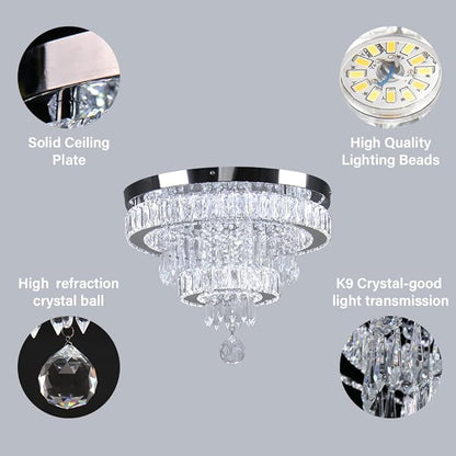 16" Crystal Chandeliers LED Crystal Ceiling Light Fixtures Flush Mount Ceiling Light Modern Chandelier Lights for Living Room Bedrooms Dining Room (6500K Cool White)