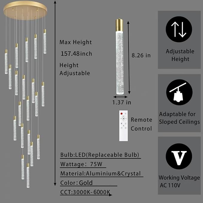 20-Lights Bubble Chandelier for Entryway High Ceiling-157 Height Adjustable Crystal Chandelier,3 Color Temperature Dimmable LED Pendant Light Fixture for Foyer Living Room Staircase,Gold