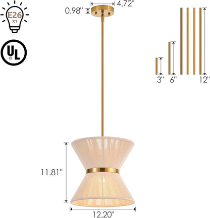 Hand Woven Boho Pendant Light Coastal Mini Modern Chandelier Adjustable Transitional Minimalist Pendant Lighting Fixtures for Kitchen Island Dining Room, White, Dia 12.2”, UL Listed