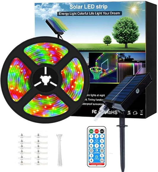 40ft Solar Led Strip Lights Outdoor, 8 Mode Auto On/Off with Remote Timer, Waterproof Self-Adhesive, Prefect for Garden, Patio, Stair and Porch Decor Four-Color Mixed