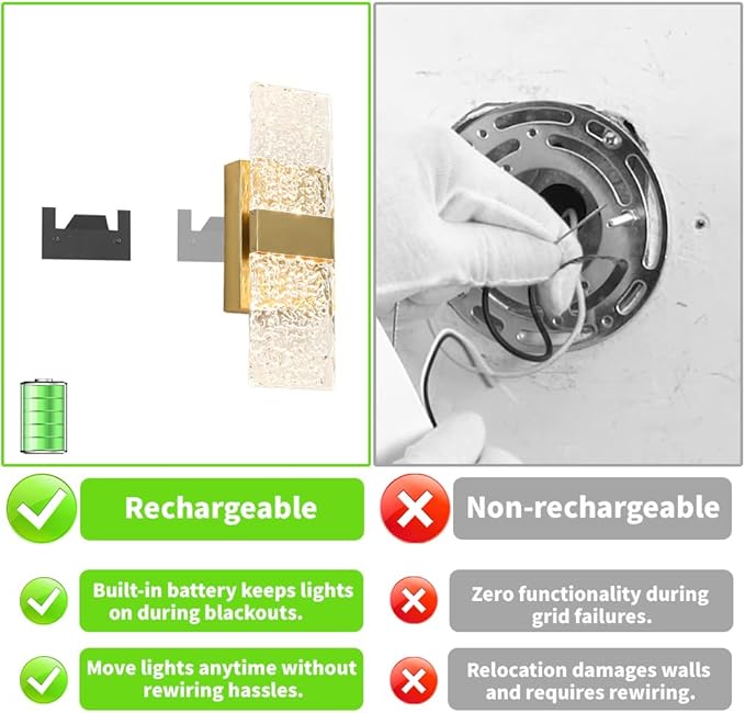 Modern Brushed Gold Battery Operated Wall Sconces Set of 2 - Rechargeable Brass LED Wall Lights with Acrylic Shade, Wireless Bedroom/Living Room Art Light Fixtures
