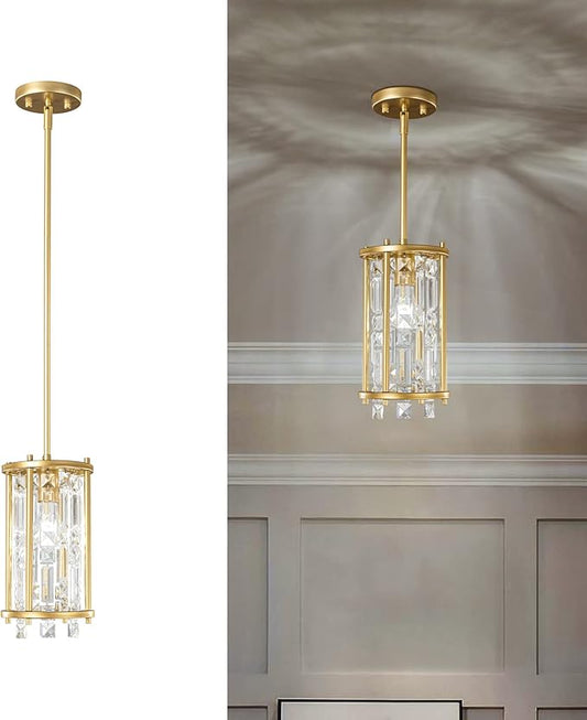 LMQNINE Modern Gold Pendant Lights Kitchen Island, Crystal Chandelier Lights Fixture, Elegant Adjustable Pendant Lighting for Dining Room Bedroom (Round 1-Light)
