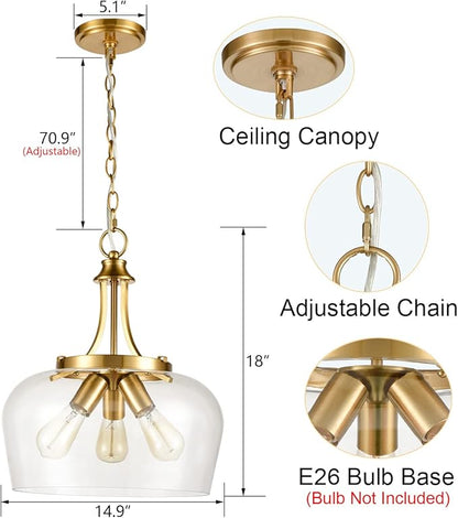 Modern 3-Light Gold Pendant Light with Clear Glass Shade, Mid Century 15-Inch Pendant Lighting Adjustable Height Hardwired Brass Glass Chandelier for Kitchen Island Dining Room