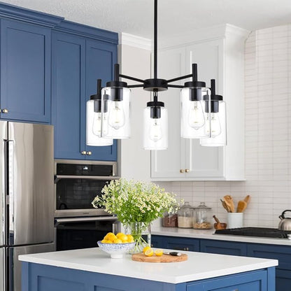 5 Light Contemporary Chandeliers Black Modern Lighting Fixtures Hanging,Industrial Vintage Pendant Lights with Clear Glass Shade Flush Mount Ceiling Light for Dining Room Bedroom