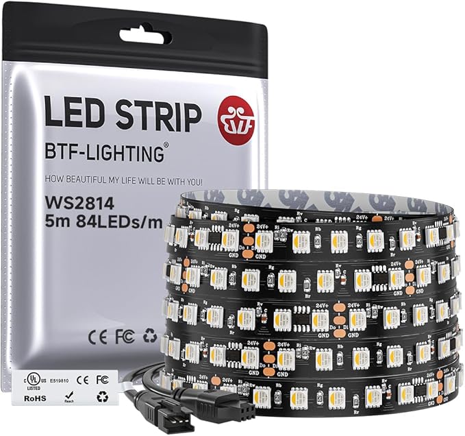BTF-LIGHTING WS2814 IC RGBW RGB+Cool White(Similar WS2812B),Addressable DC24V 16.4FT 84LED/m 14pixel/m,UL Listed,4 Colors in 1 Dream Color LED Strip 12mm Width PCB IP30(No Adapter or Controller)