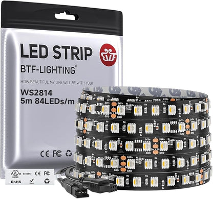 BTF-LIGHTING WS2814 IC RGBW RGB+Cool White(Similar WS2812B),Addressable DC24V 16.4FT 84LED/m 14pixel/m,UL Listed,4 Colors in 1 Dream Color LED Strip 12mm Width PCB IP30(No Adapter or Controller)
