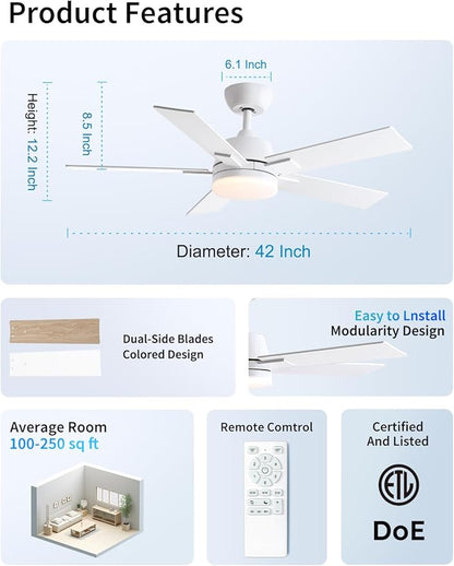 Rayqueen 42 Inch Ceiling Fans with Lights and Remote, 6 Speed Reversible DC Motor, 3CCT Dimmable LED, 5 Blades, White Modern Ceiling Fan for Bedroom, Living Room & Covered Outdoor, Includes Downrod