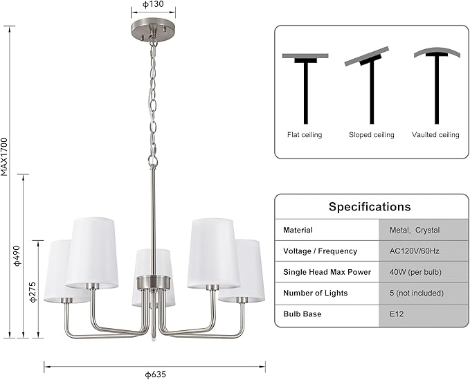 Modern Brushed Nickel 5-Light Chandelier, Farmhouse Industrial Dining Room Light Fixture Over Table with White Fabric Shade, Hanging Pendant Lighting for Kitchen Island Bedroom Living Room Entryway