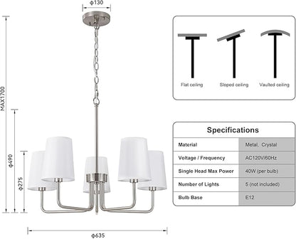 Modern Brushed Nickel 5-Light Chandelier, Farmhouse Industrial Dining Room Light Fixture Over Table with White Fabric Shade, Hanging Pendant Lighting for Kitchen Island Bedroom Living Room Entryway