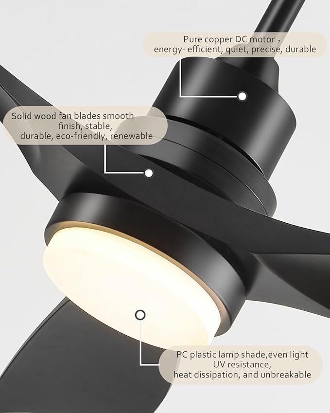 60 Inch Ceiling Fans with Lights Remote, Black Ceiling Fan, 3 Downrods, 3 Wood Blades, ETL Listed, Timer, 6 Speed Reversible DC Motor Outdoor Fans for Patios Bedroom Farmhouse, 60in, Black