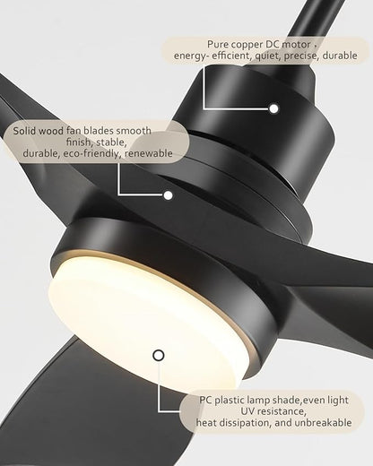 60 Inch Ceiling Fans with Lights Remote, Black Ceiling Fan, 3 Downrods, 3 Wood Blades, ETL Listed, Timer, 6 Speed Reversible DC Motor Outdoor Fans for Patios Bedroom Farmhouse, 60in, Black