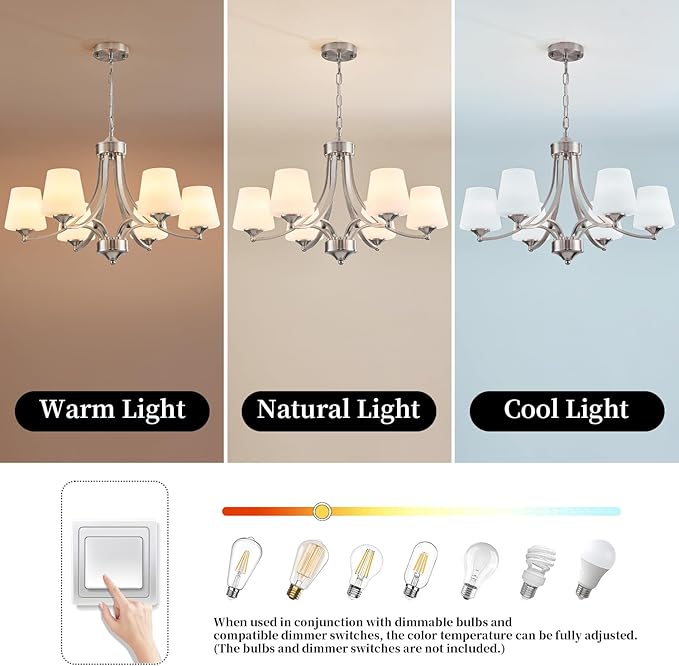 6-Light Brushed Nickel Chandeliers for Dining Room with Frosted Glass Farmhouse Silver Ceiling Hanging Lighting Fixtures Classic Pendant Lamp for Living Room,Dining Table,47.2 Height Adjustable
