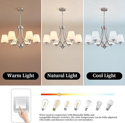 6-Light Brushed Nickel Chandeliers for Dining Room with Frosted Glass Farmhouse Silver Ceiling Hanging Lighting Fixtures Classic Pendant Lamp for Living Room,Dining Table,47.2 Height Adjustable