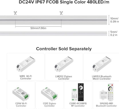 BTF-LIGHTING FCOB COB LED Strip IP67 Waterproof Flexible High Density Uniform Diffused Neon Light 16.4FT DC24V Cool White 6000K 480LED/m CRI 90+ for Indoor Decor(No Adapter or Controller)